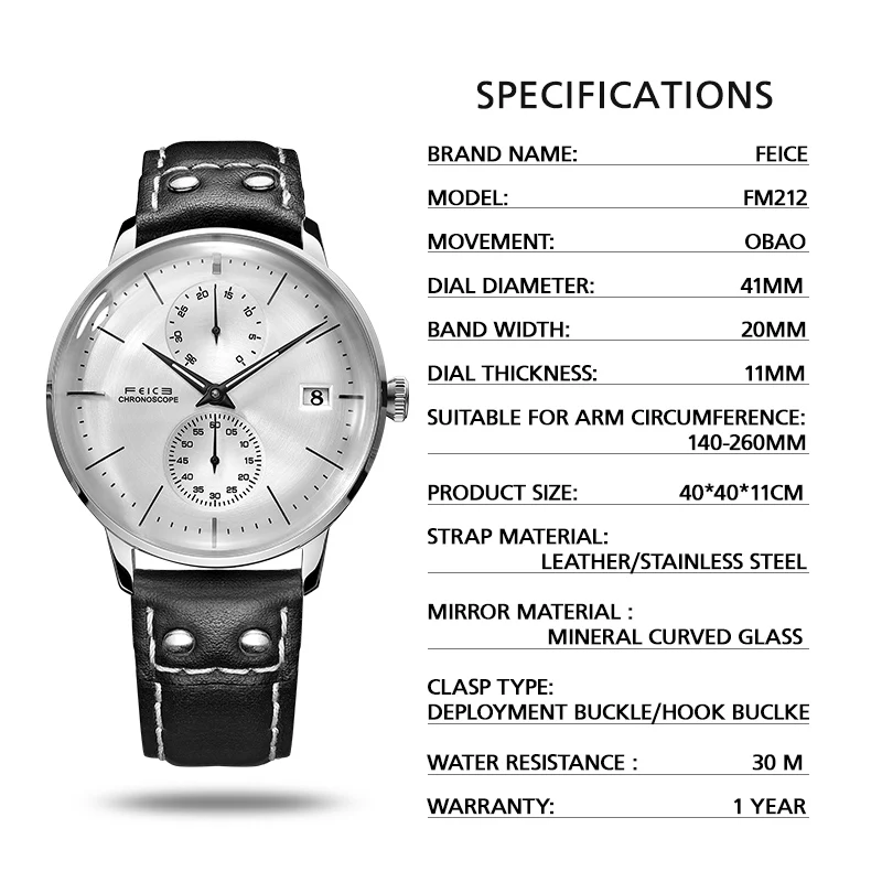 FEICE ساعة ميكانيكية أوتوماتيكية للرجال 35 ساعة احتياطي الطاقة باوهاوس ساعات مقاوم للماء مرآة مقببة ساعة عادية FM212 #3