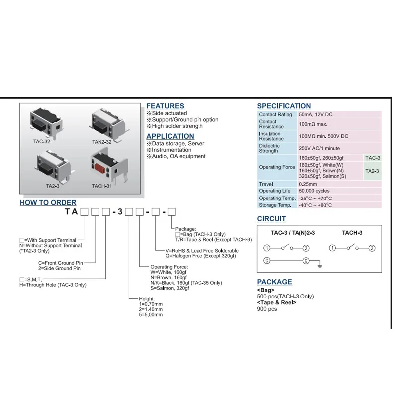 8PCS/LOTS Taiwan DIP TAC-32N-V-T/R Tactile Switch 3.5*6*5 SMT 2-pin with Bracket Side Push