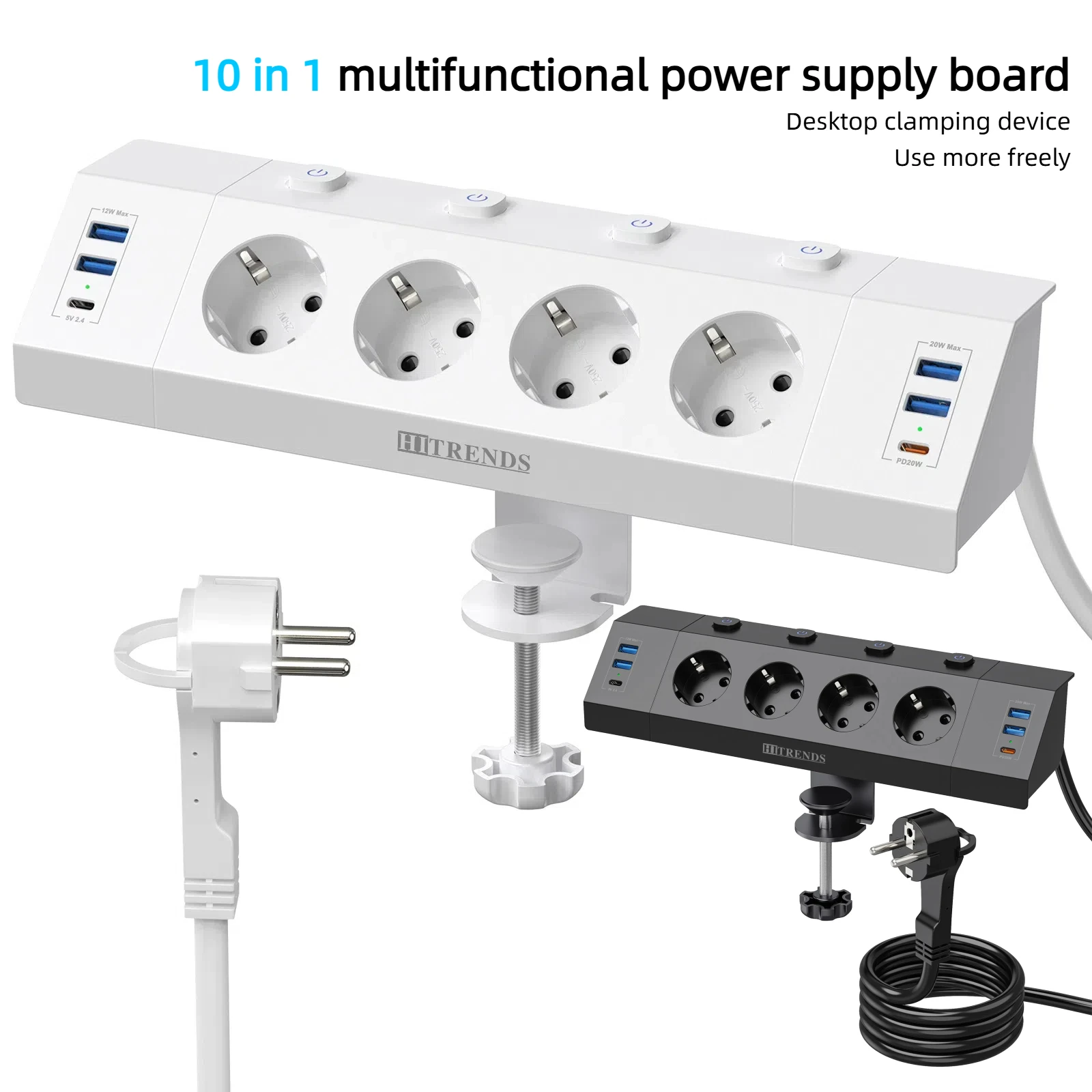 Eu Multi-plug power strip with desktop clamping device pull ring plug 4 USB-A and 2 USB-C ports single-control switch 2 m cable