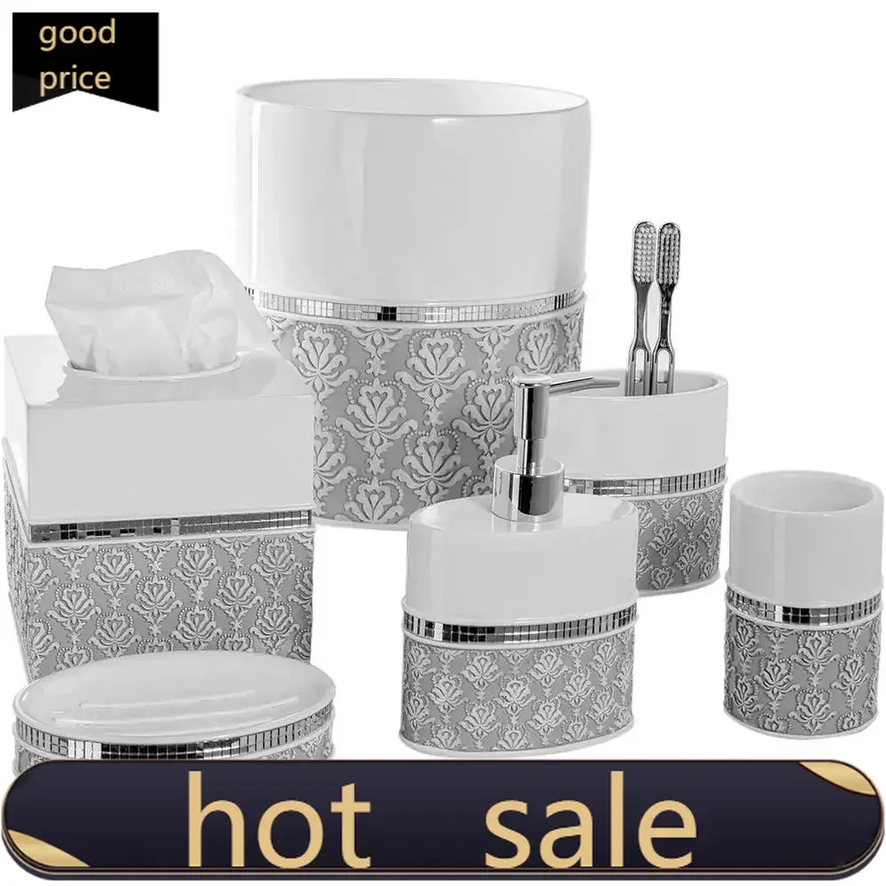 Activity price  Popular6-Piece White and Gray Bathroom Accessory Set: Waste Bin, Tissue Holder, Dispenser, Dish, Brush Holder, C