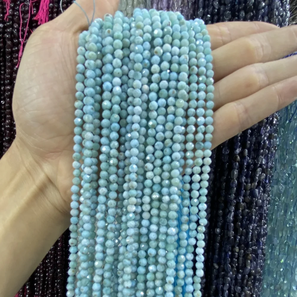 

Natural Larimar Faceted Stone Round Loose Beads For Jewelry Making DIY Bracelets Necklace 15'' 2-3-4mm