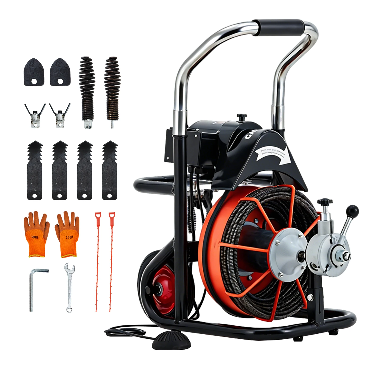 100FT x 3/4 Inch Drain Cleaner Machine, 750 W Auto Feed Sewer Snake Machine with 10 Cutters & Air-Activated Foot Switch, Heavy Duty Electric Drain Snake for 4