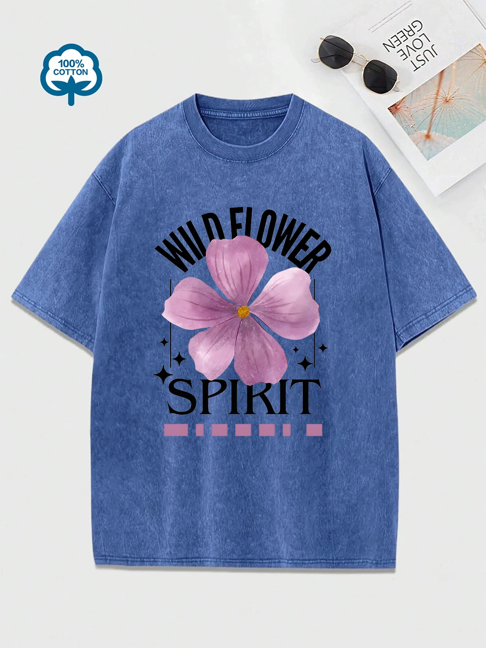 

Wild Flower Spirit Printing Washed T-Shirt Womens Cotton Oversized Tops Comfortable O-Neck Distressed T Shirts Summer Clothes