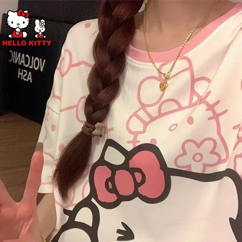 150kg Large Size Hello Kitty Pajamas Sleepwear Loose Nightdress Women Cute Print Loungewear Comfy Cotoon Summer New Home Wear