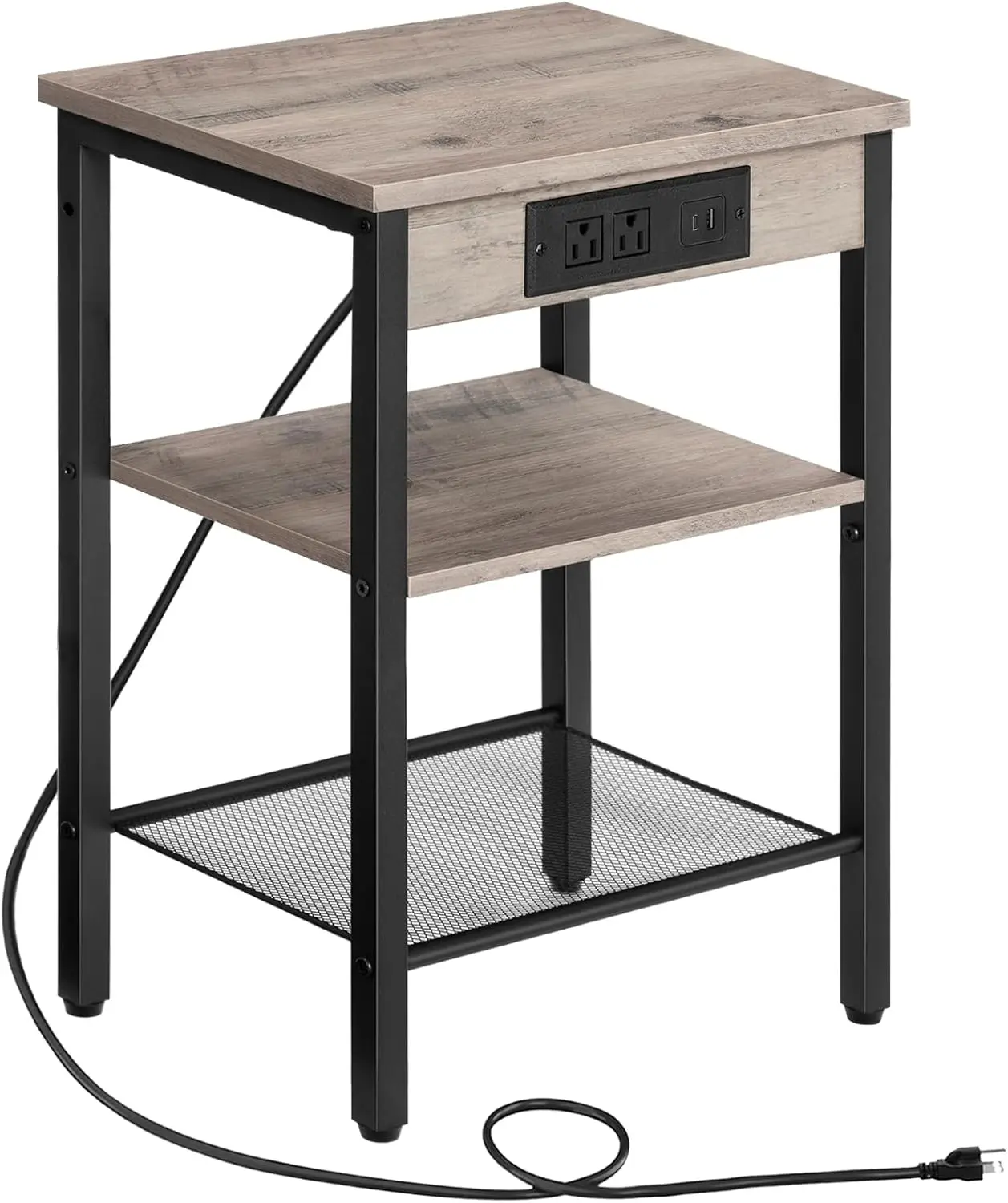 

Side Table with Charging Station and USB Port, Small End Table for Small Space, 3-Tier Nightstand with Adjustable Shelf, for