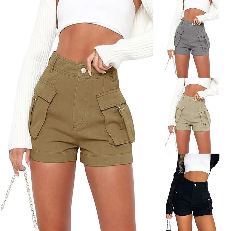 Women's high waisted fashionable personalized stretch casual denim workwear pocket shorts