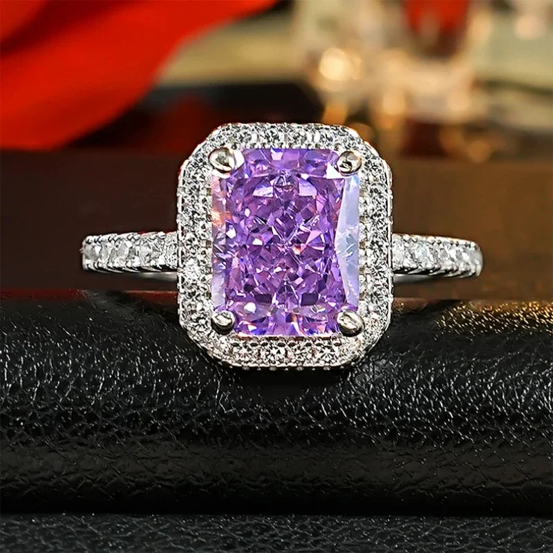 New Purple Diamond Ring, Women's Light Luxury Rectangular Redion Ice Cutting 925 Silver Inlaid High Carbon Diamond