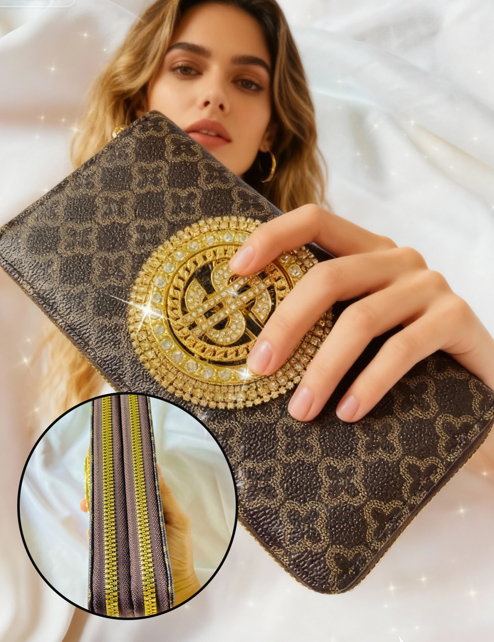 New Cross-Border Style Artificial Leather Women's Long Wallet, Pink Handmade Luxury Clutch Bag with Full Rhinestones, Multi-Card Slots, Zippered Coin Pocket, Shiny Rhinestone Phone Bag for Evening Parties
