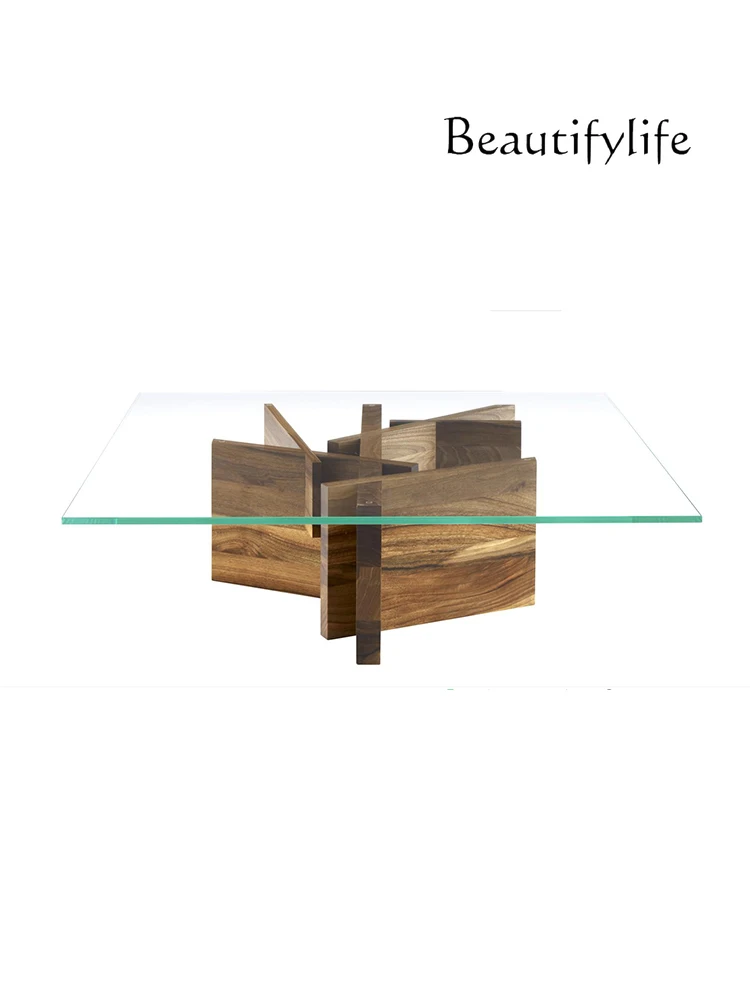 

Italian Minimalist Glass Tea Table Solid Wood Coffee Tea Table Living Room Square Tea Table Light Luxury Modern