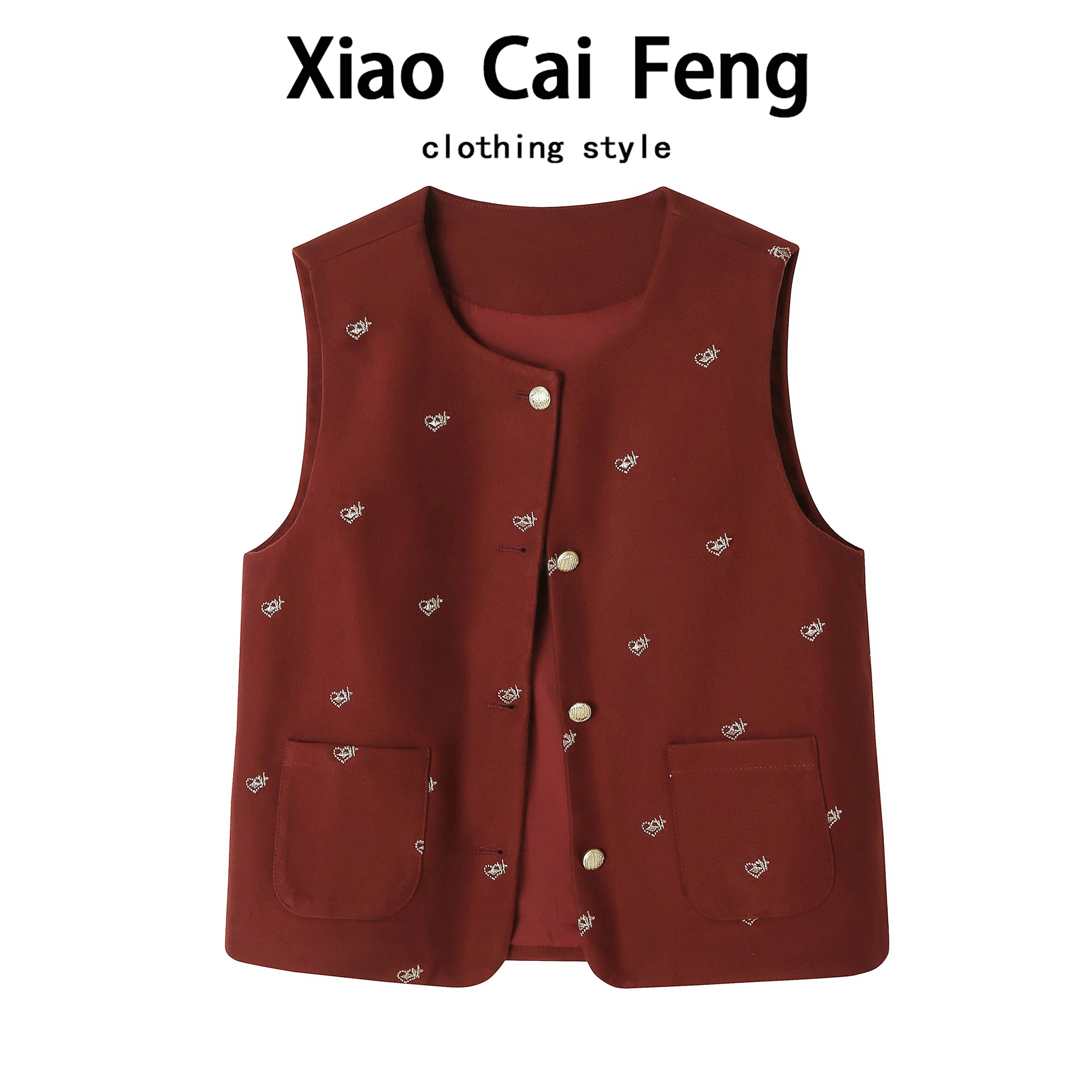 

Red Woolen Vest Women's Autumn Winter Short Style Button Decorated Embroidered Sleeveless Layering Outerwear Casual Fashion