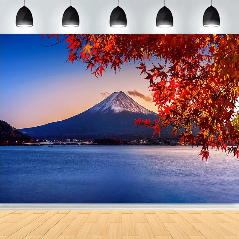 

Beautiful Scenic Lake Fuji Mountain Photography Backdrops Trees Autumn Blue Sky Landscape Photo Studio Background SF-03