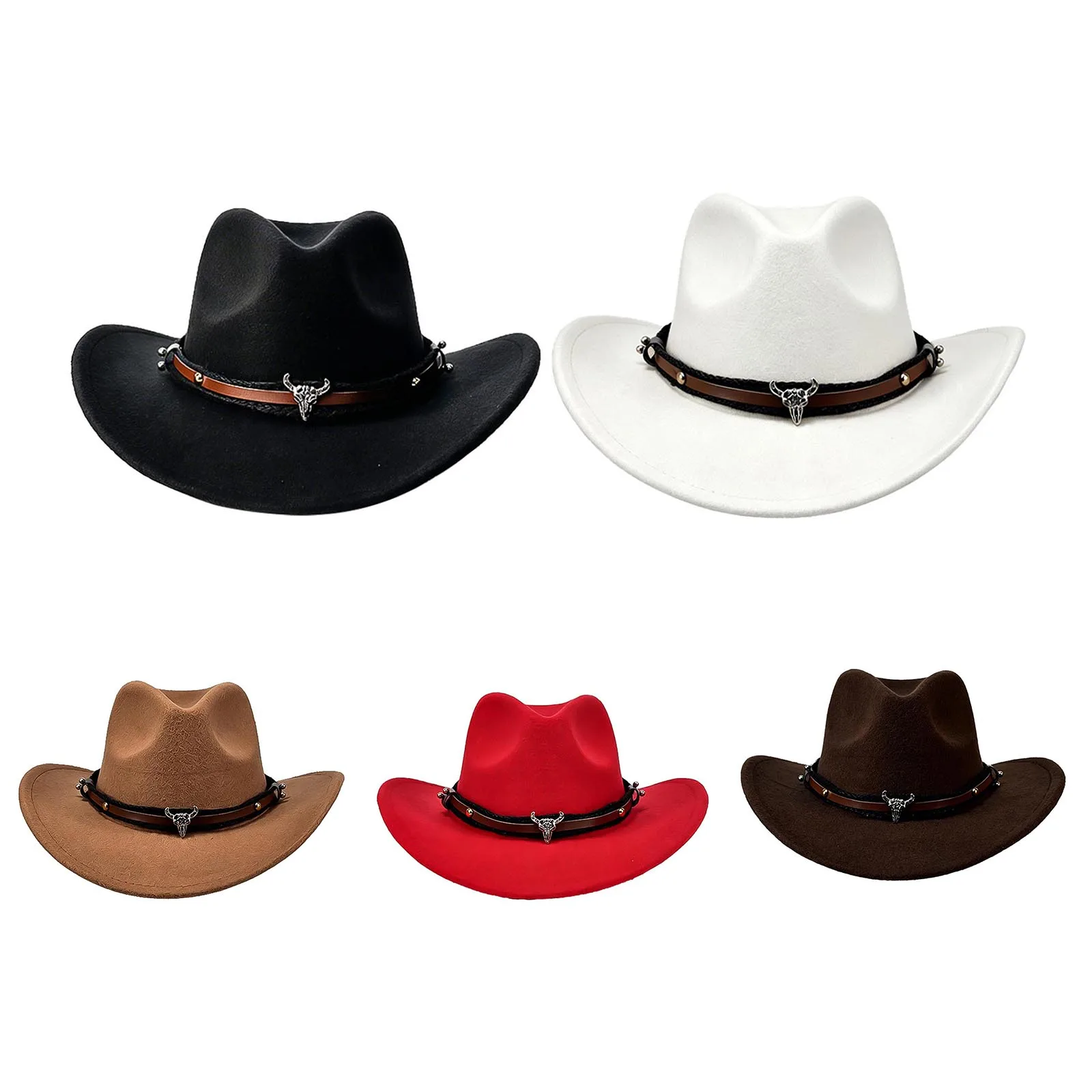 Kids Boys Girls Western Cowboy Wide-brimmed Hat Cap with Retro Band And Bull-shaped Decoration for Halloween Cosplay 2