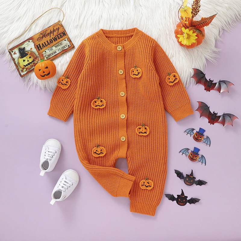 Newborn Baby Romper Knit Halloween Infant Girl Boy Jumpsuit Fashion Funny Pumpkin Toddler Kid Clothes 0-18M Overalls Long Sleeve