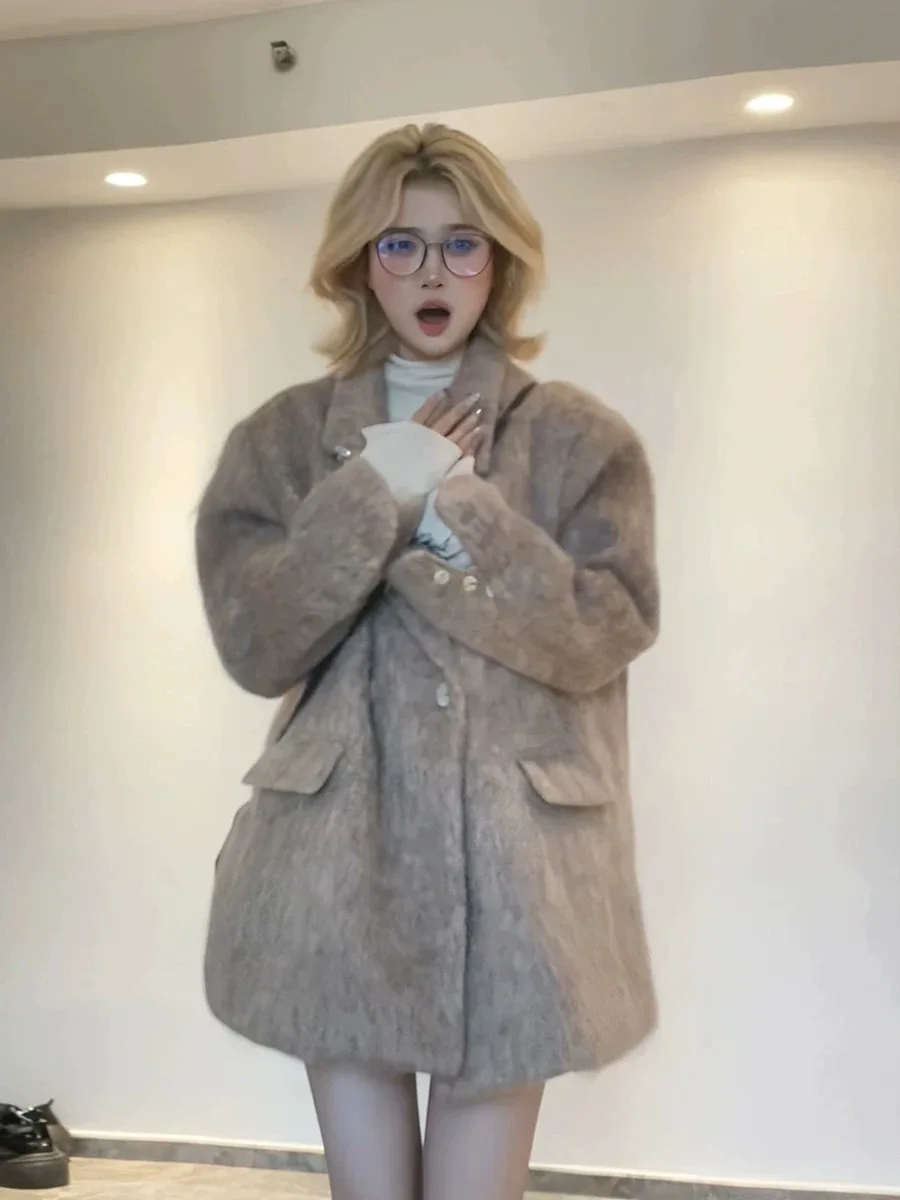 Korean Style Women's Loose Woolen Coat Autumn Winter Vintage Brown Wide Lapel Suit Jacket Long Sleeve Thickened Daily Wear