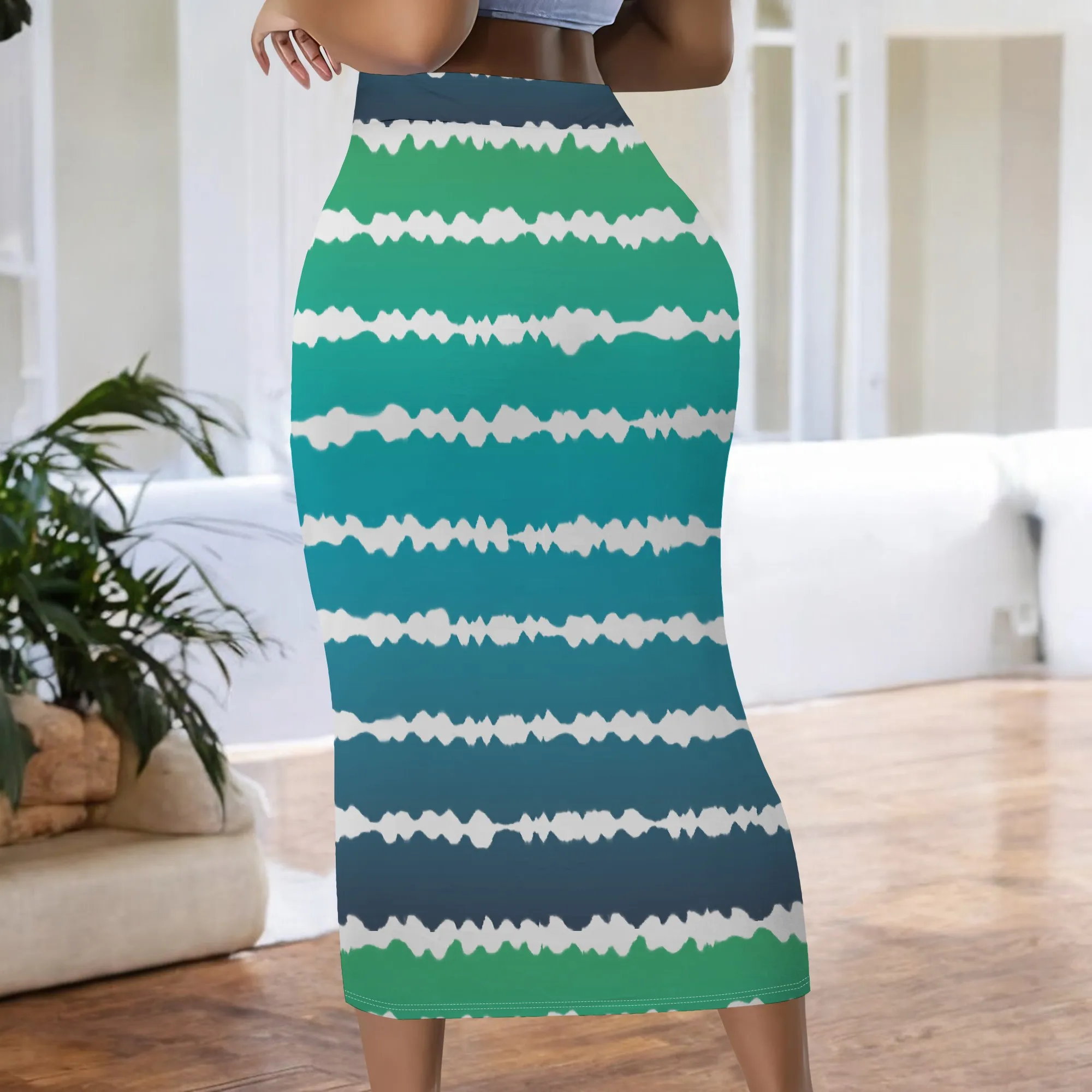 Ombré-Wellen, Midi-Rock, Türkis-Grün Farbverlauf, Gestreifter Bleistiftrock, Lässige Bürokleidung, Sommer Strandparty, S-2XL – Detail 6