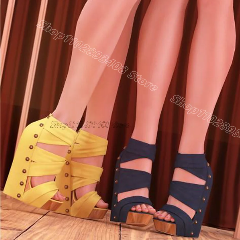 

Yellow Rivet Decor Wedges Heels Sandals Back Zipper British Style Casual Party Fashion Women Sandals 2024 Zapatos Para Mujere