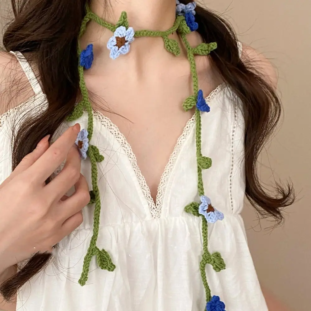

Casual Wool Knitted Scarf Handmade Crocheted Thin Rose Flower Shawl Korean Style Dressing Decoration Knit Headband Ladies