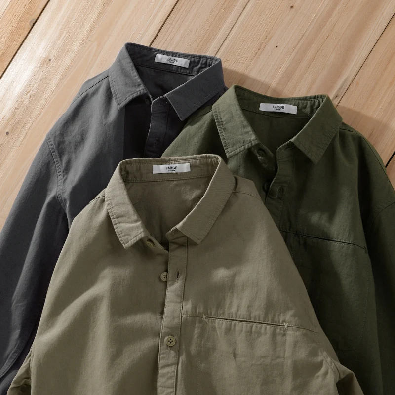 

Comfortable Men's Shirt - Long Sleeved 100% Cotton, Loose Fit, Spring & Autumn Wear, Solid Color Shirts