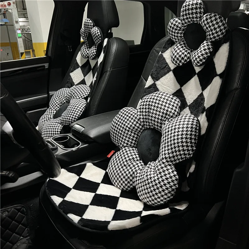 Car seat checkerboard autumn and winter plush car mat warm non-slip car with simple black and white seat cushion single piece