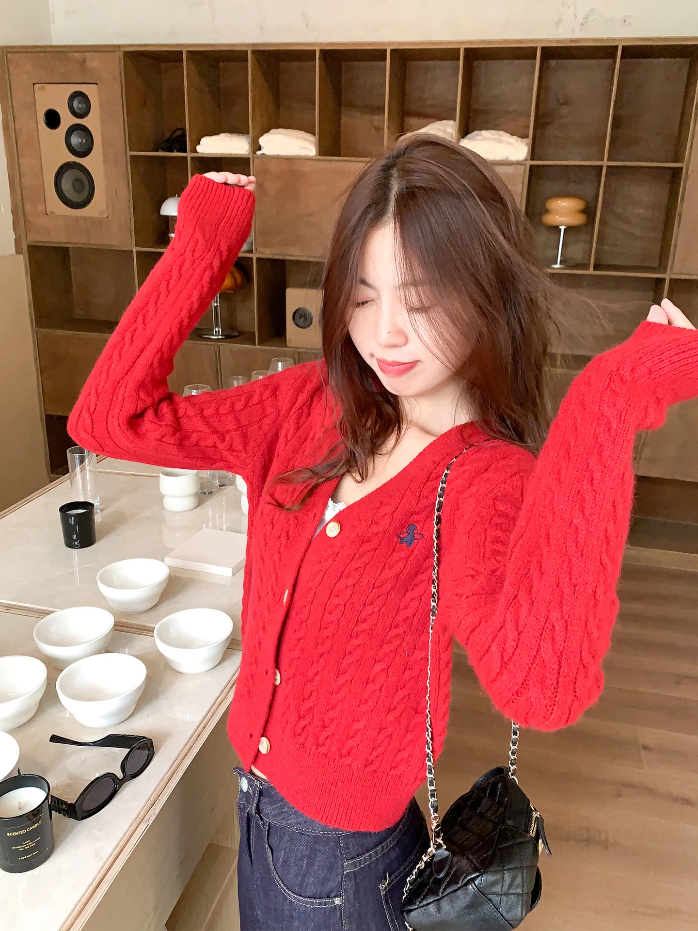 

Красный вязаный кардиган Long Sve V-Ne ort Sle, женский ранний осенний свитер с тяжелой вышивкой, повседневный свободный топ