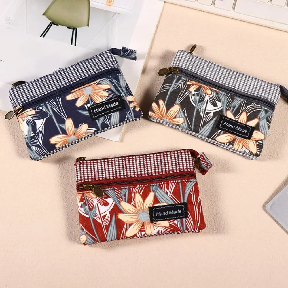 

New Printed Fabric Money Bag Double Zipper Ethnic Style Handbag Key Bag Women Girls