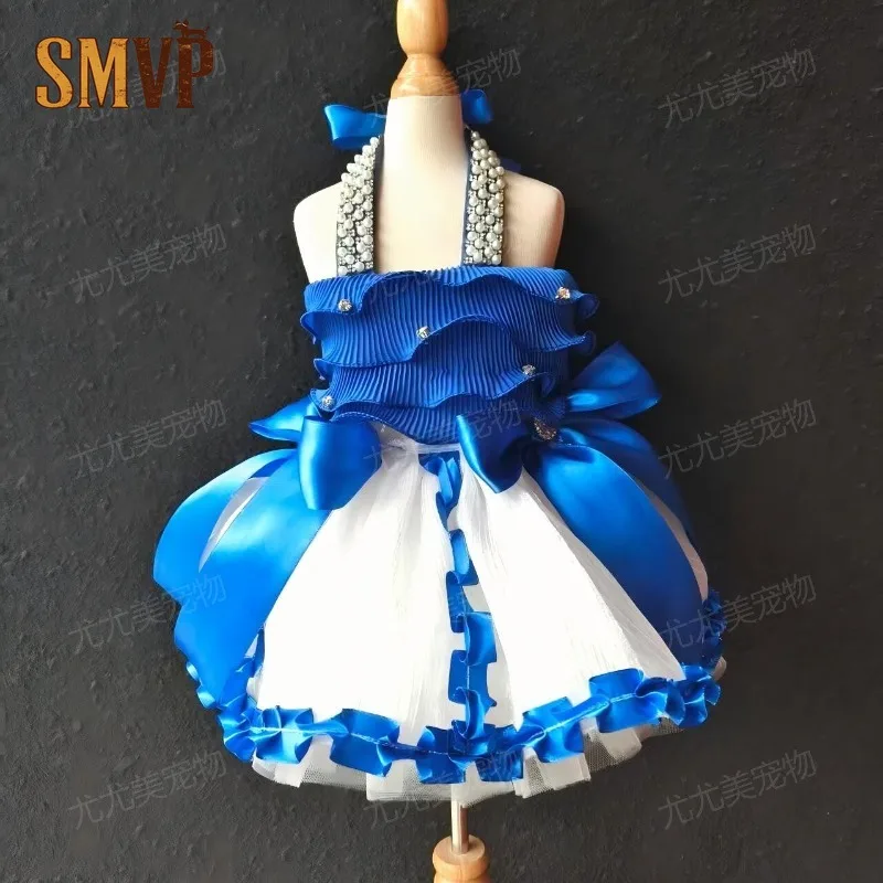 

Original Blue Halter Hollow Pet Tutu Dress Rhinestone Strap Big Bow Handmade Formal Gown for Small Dongs and Cats Pet Clothes