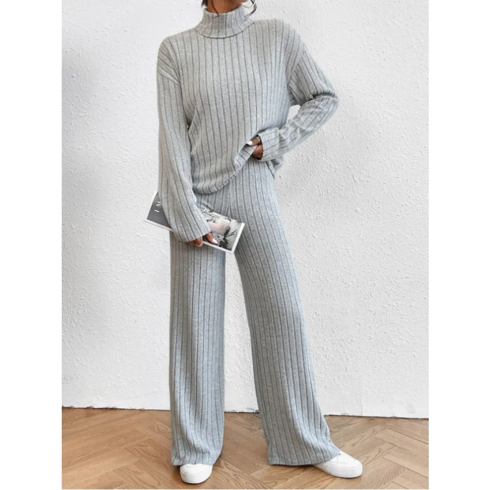 

Женский осенне-зимний комплект из свитшота с высоким воротом и джоггеров – свободный крой, вязаный пуловер и брюки для дома и повседневного тепла