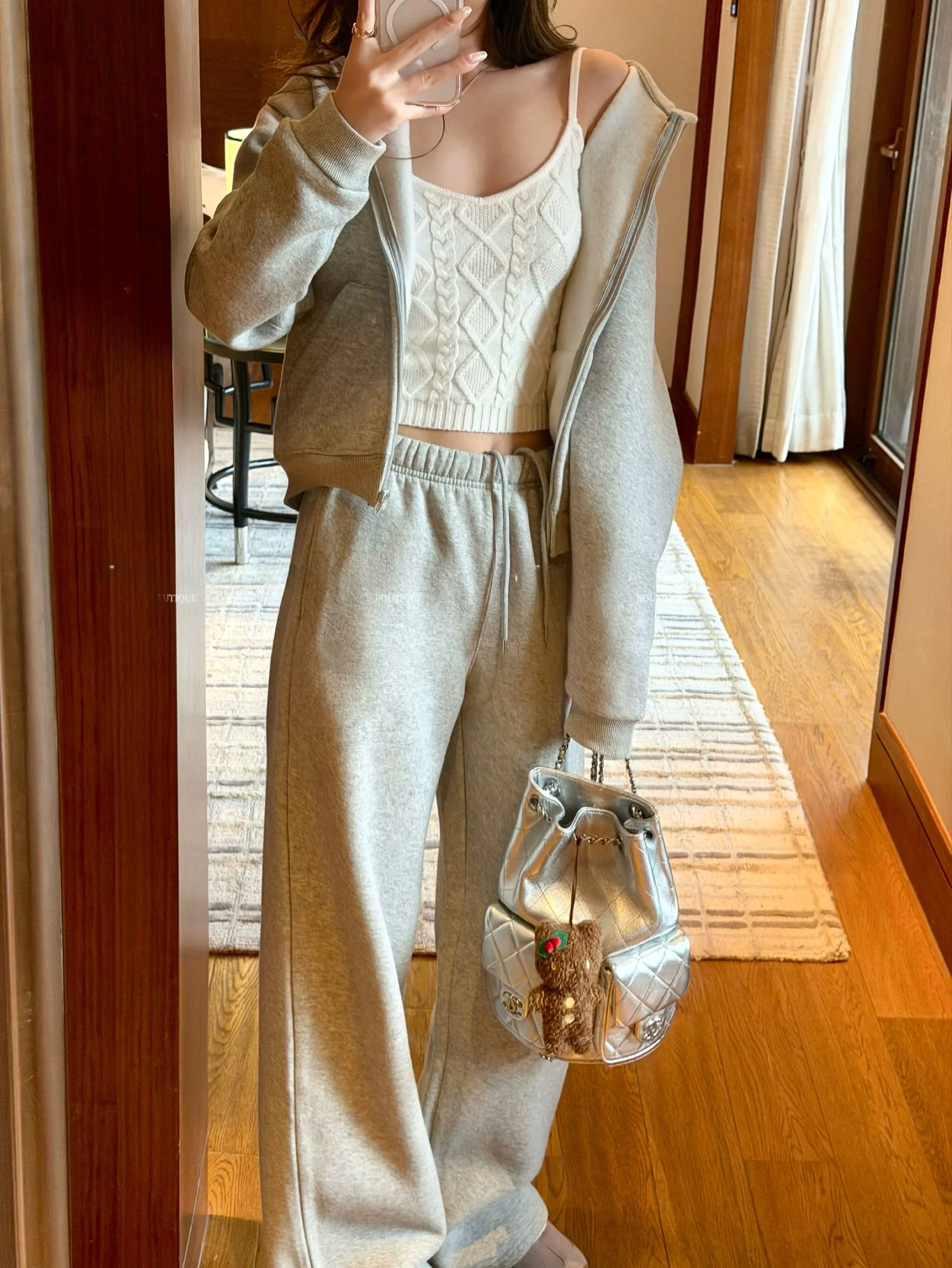 

ey Casual High Weight Sweatirt Pants Set Women's Spring Online Exclusive Long Sve High Waist Four Seasons Color