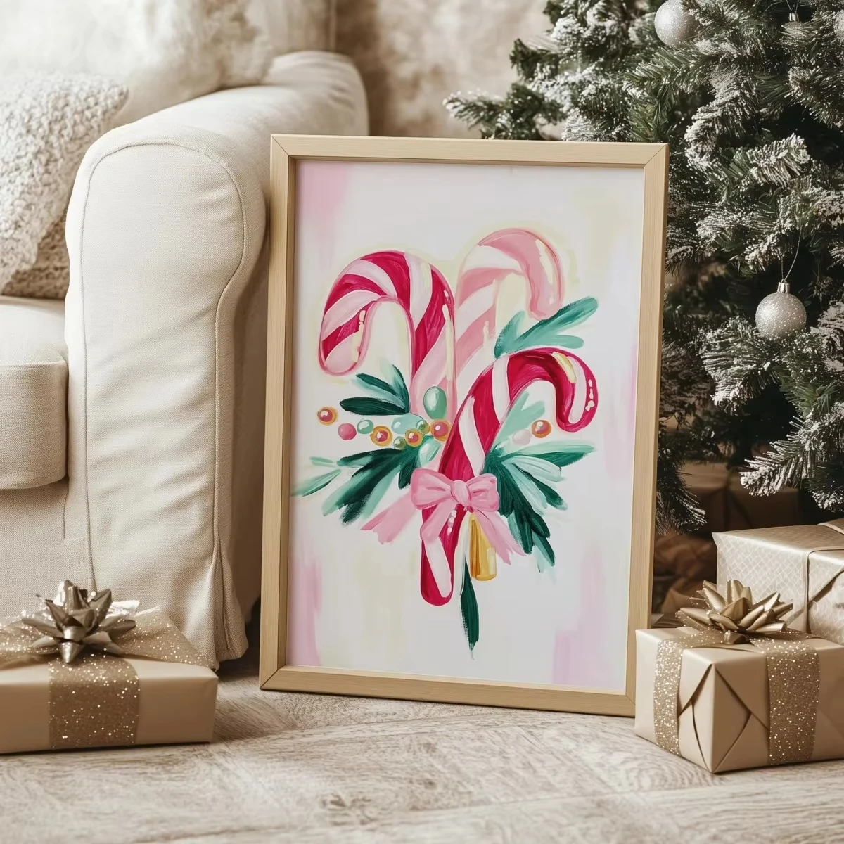 Pink and Green Christmas Tree Candy Cane Ornaments Christmas Poster Printing Frameless Canvas Art Home Holiday Decorations Gifts