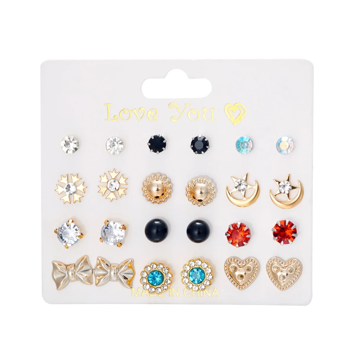 12 Paare/satz Einfache Strass Schneeflocke Sterne Mond Runde Stud Ohrringe Für Frauen Männer Trendy Metall Herz Bowknot Ohrring Schmuck