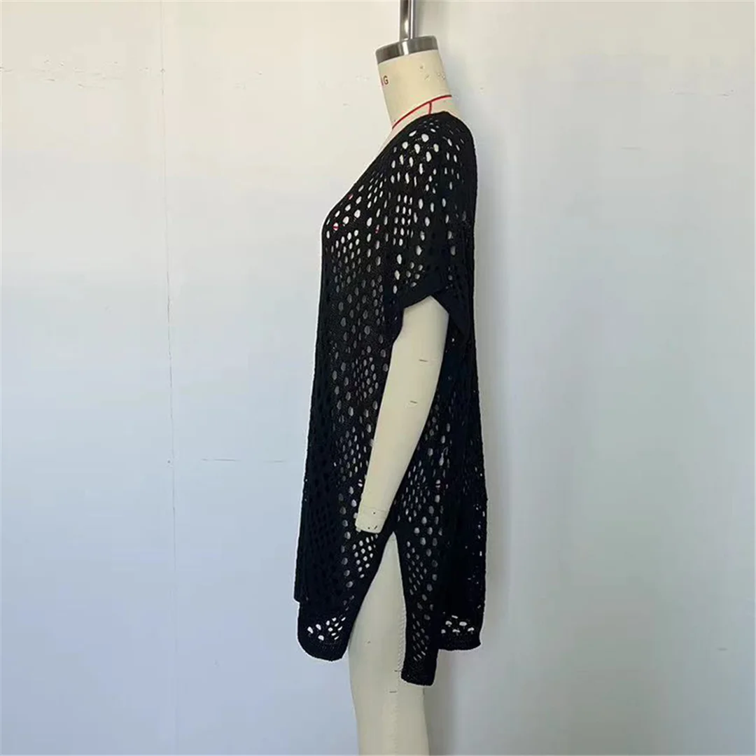 Kurzarm-Tunika mit Aushöhlungen, einfarbig, gehäkelt, gestrickt, Strand-Cover-up, Strandkleid, Strandmode, Damen V8535 – Detail 19