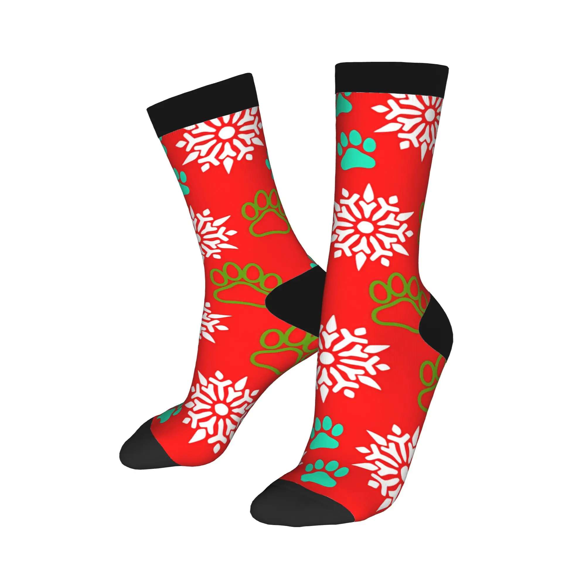 Winter Warm Cool Men's Women's Christmas Snowflakes and Paws Aqua and Green on Red Socks  Sweat Absorbing Football Socks