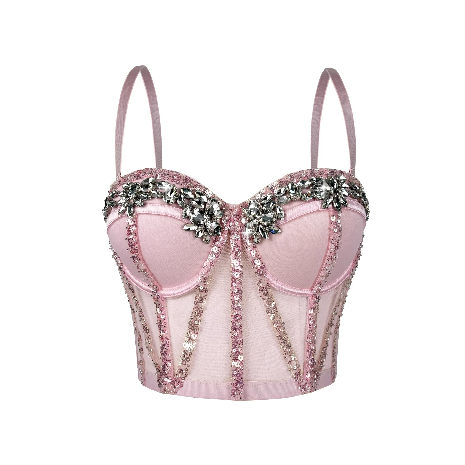 

Корсет-бюстье из сетки со стразами, прозрачный сексуальный топ с косточками, утягивающий блестящий топ без спинки для выступлений на сцене