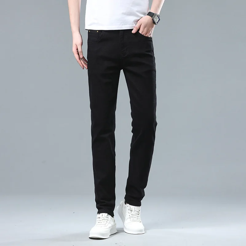 Pure Zwarte Jeans Heren Zomer Slim Fit Casual Stretch Fashion Koreaanse Stijl Volledig Bijpassende Trendy Zakelijke Kantoor Lange Broek