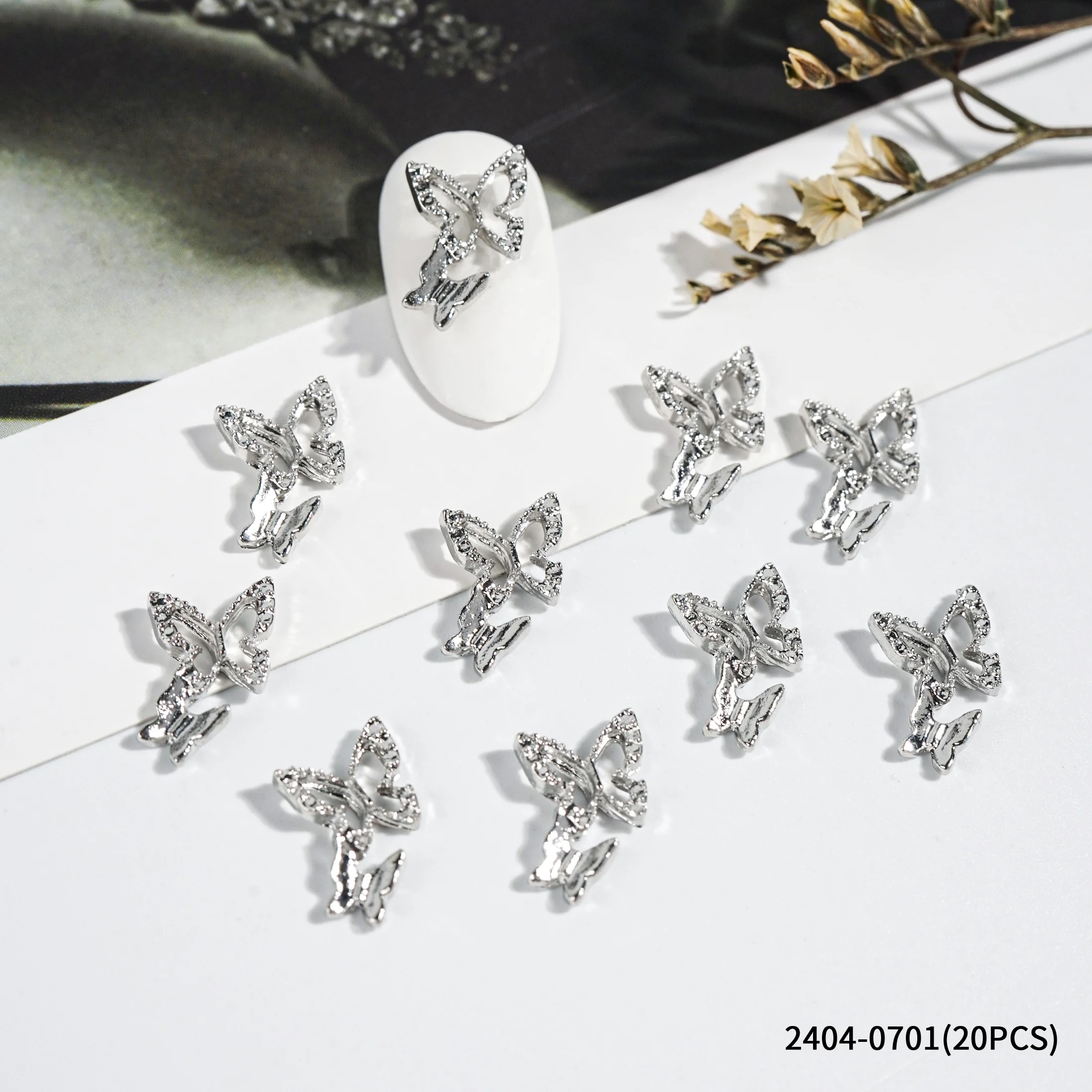 20pcs/Bag Butterfly Nail Art Charms Bow Butterfly Shaped Nail Rhinestone Decoration 3D Metal Silver Diamond