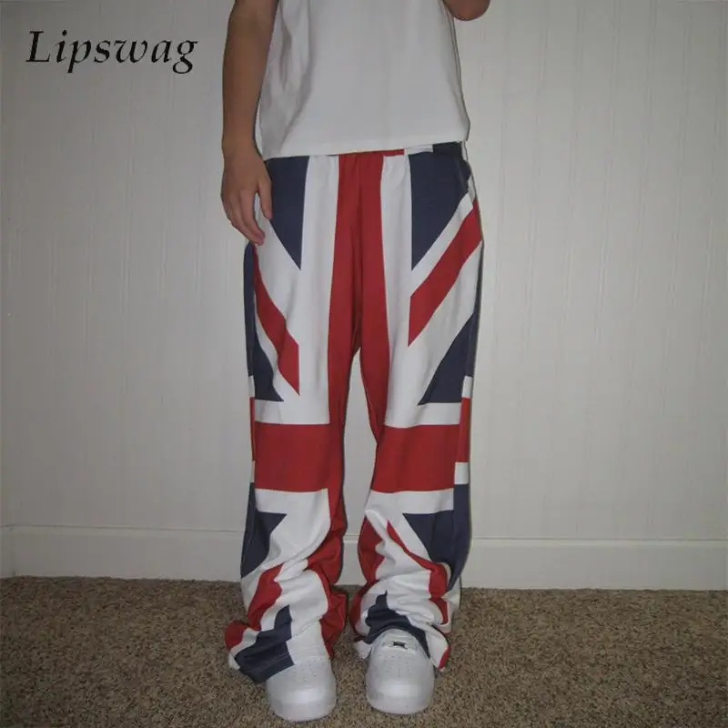 Hip Hop Mens Loose Straight Pants 2026 Spring Autumn Fashion Flag Printing Trousers Men New Casual Patchwork Bottoms