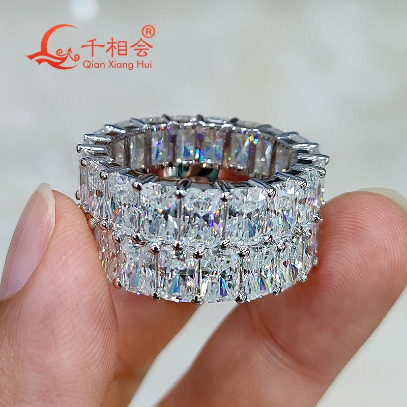 12mm width 4*6mm radiant shape double raws Full Eternity Ring Silver Moissanite Ring Men women wedding datting gift fine Jewelry