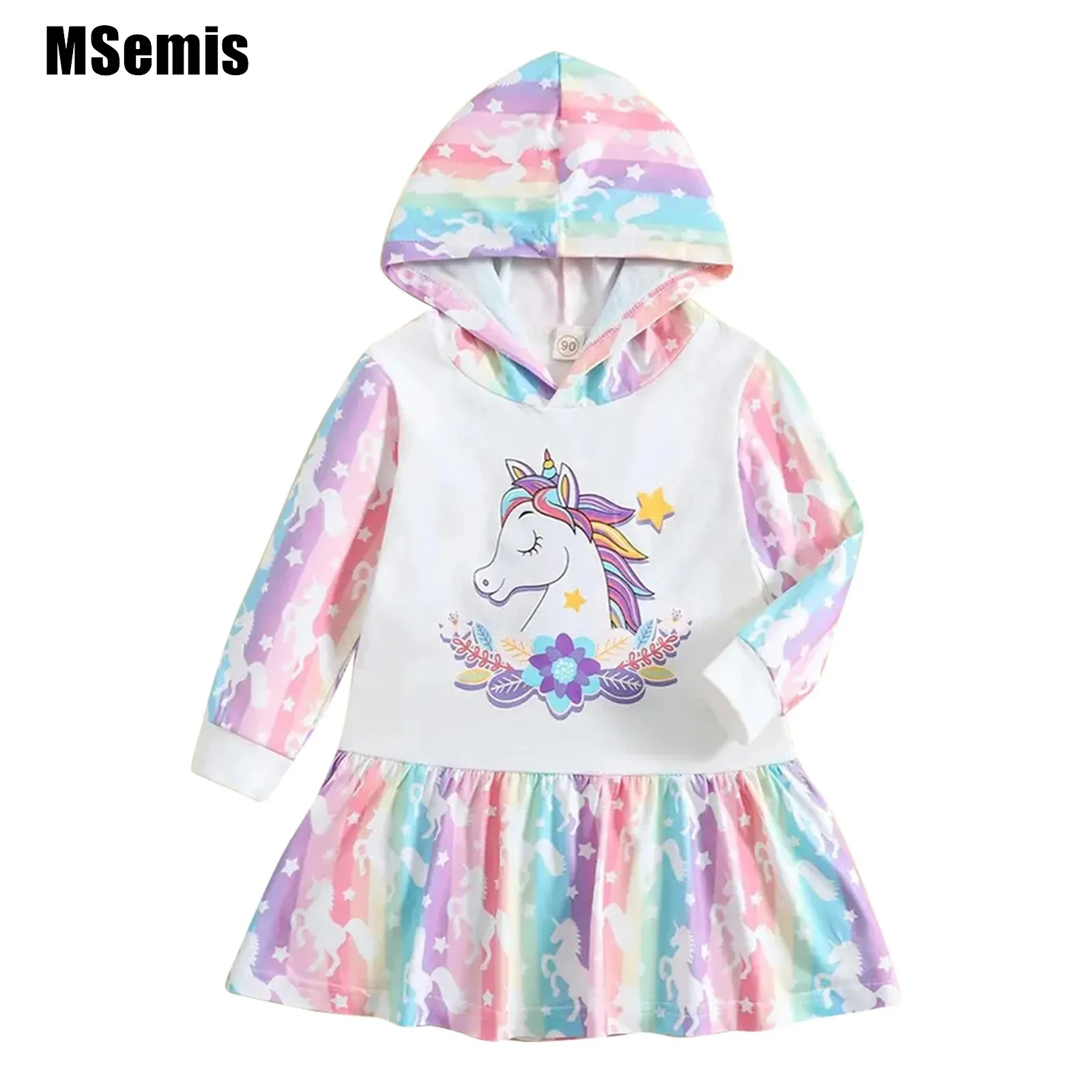 

Kids Girls Cartoon Hooded Sweatshirt Dress Hoodie Long Sleeve Colorful Rainbow Horse Print Dress Casual Sport Dress