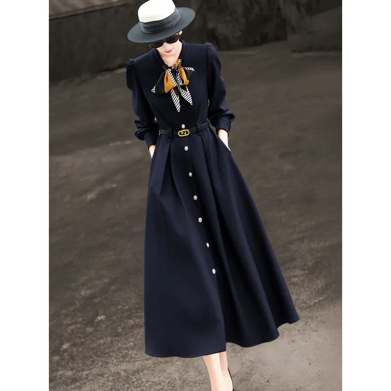 MEXCOCO Women Spring Autumn Elegant Commuter Dress, Scarf Collar Single Breasted Long Sleeve High Waist Slim Office Midi Dress