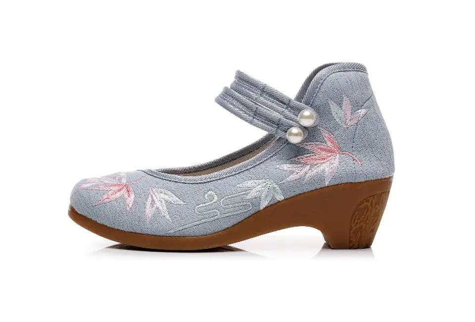 Women Ankle Button Strap Pumps Ethnic Embroidery Mary Jane Dress Shoes Mid Heel Cotton Fabric Espadrilles Vintage Sandals