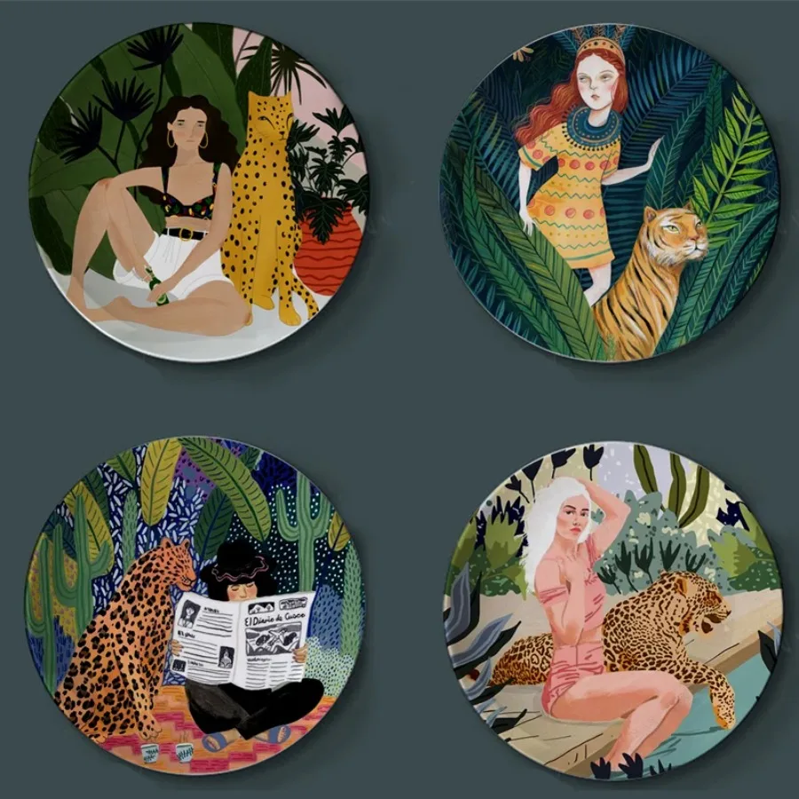 Plaques d'interconnexion européennes pour la décoration de la maison, assiette d'illustration créative, artisanat en céramique, plateaux de dame léopard, fleur, tigre et fille