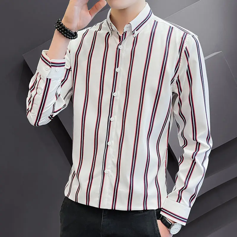 Spring Autumn New Fashion Turn-down Collar Long Sleeve Striped Blouse Men\'s Clothing Casual Korean All-match Youth Loose Shirts