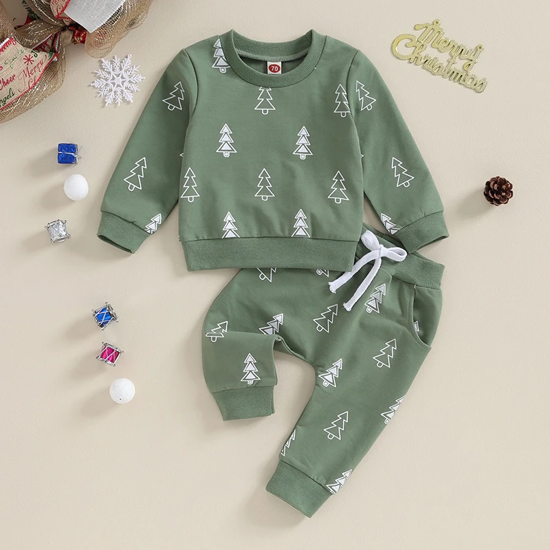Toddler Baby Boy 2Pcs Christmas Clothes Set Christmas Tree Print Long Sleeve Crewneck Sweatshirt Tops Pants Xmas Clothing