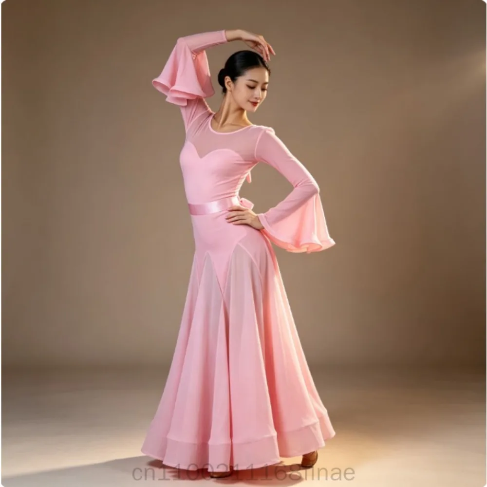 2026 New Women Latin Dance Skirt Modern Dance Art Exam Dress Waltz Social Dance Big Swing Skirt With Matching Belt For Performan