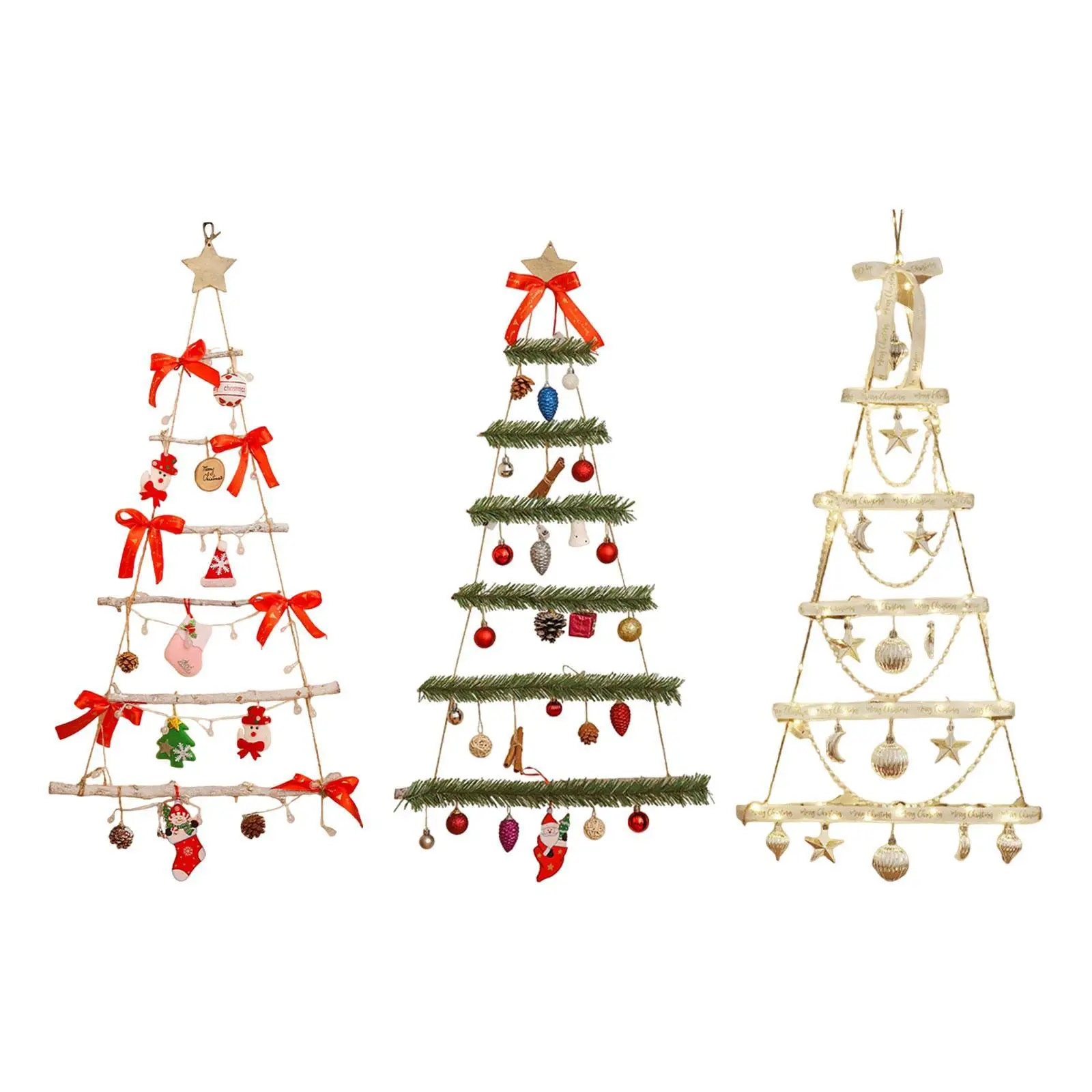 Wall Hanging Christmas Tree with Star Topper with Lights Wood Decorating Ladder for Festival Indoor Holiday Outside Home