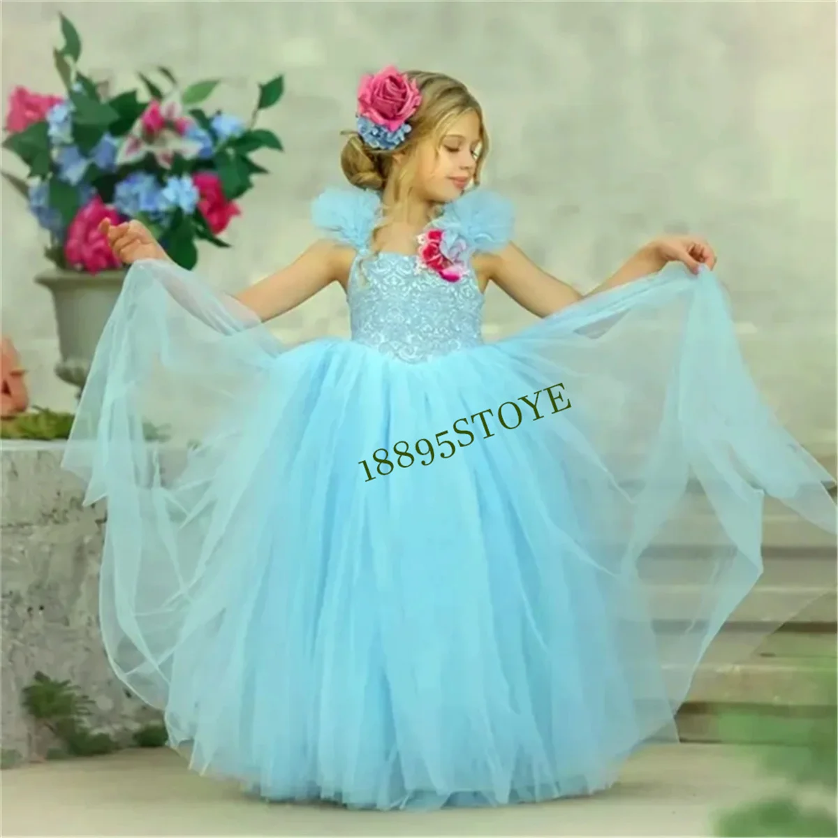 CustomizedFlower Girl Dress Lovely Blue Sleeveless Gauze Lace Back Princess Ball First Communion Dresses Kids Surprise Birthday