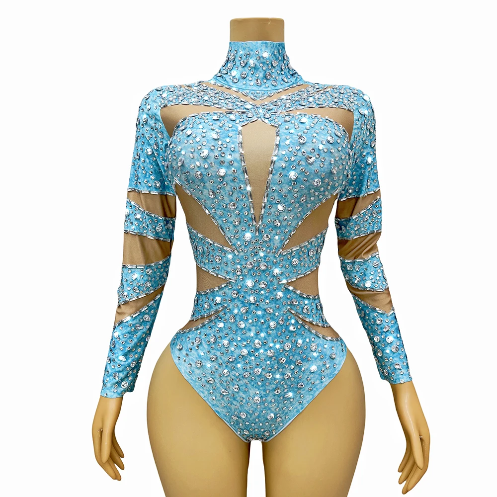 Exposed leds Sky Blue Spandex Leotard Silver Rhinestones Luxury Celebrate Bodysuit Outfit Party Singer Collection Birthday