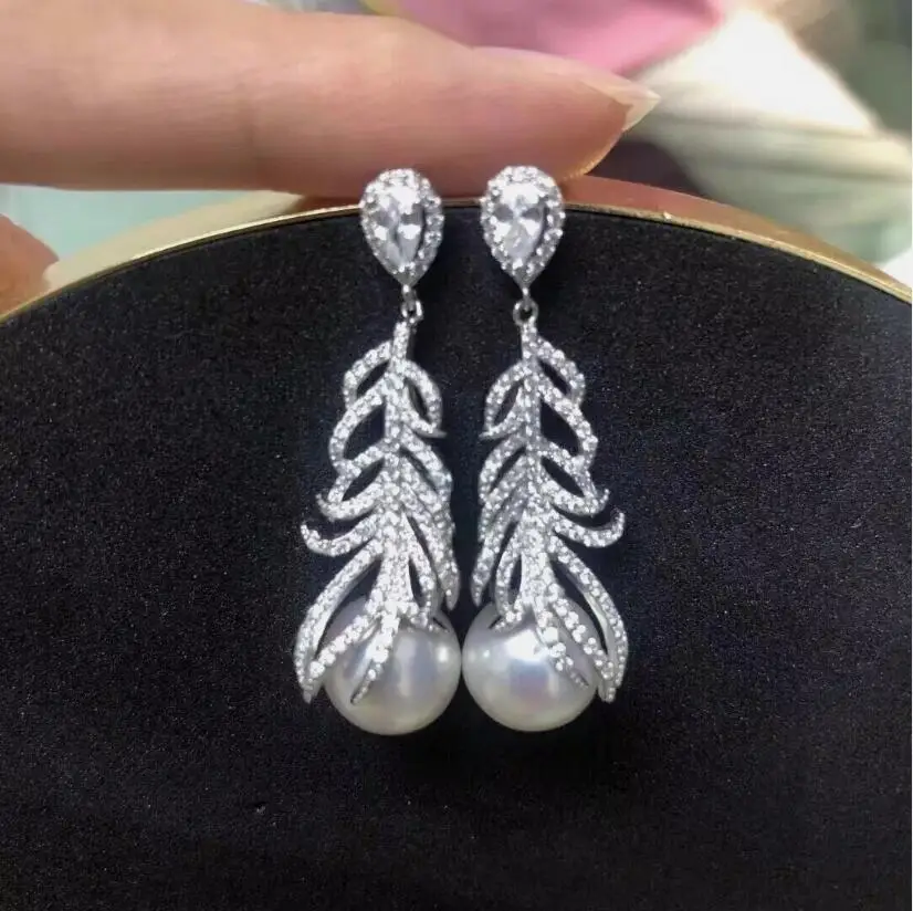 

charming pair of 9-10mm 10-11mm south sea round white pearl earring 925s