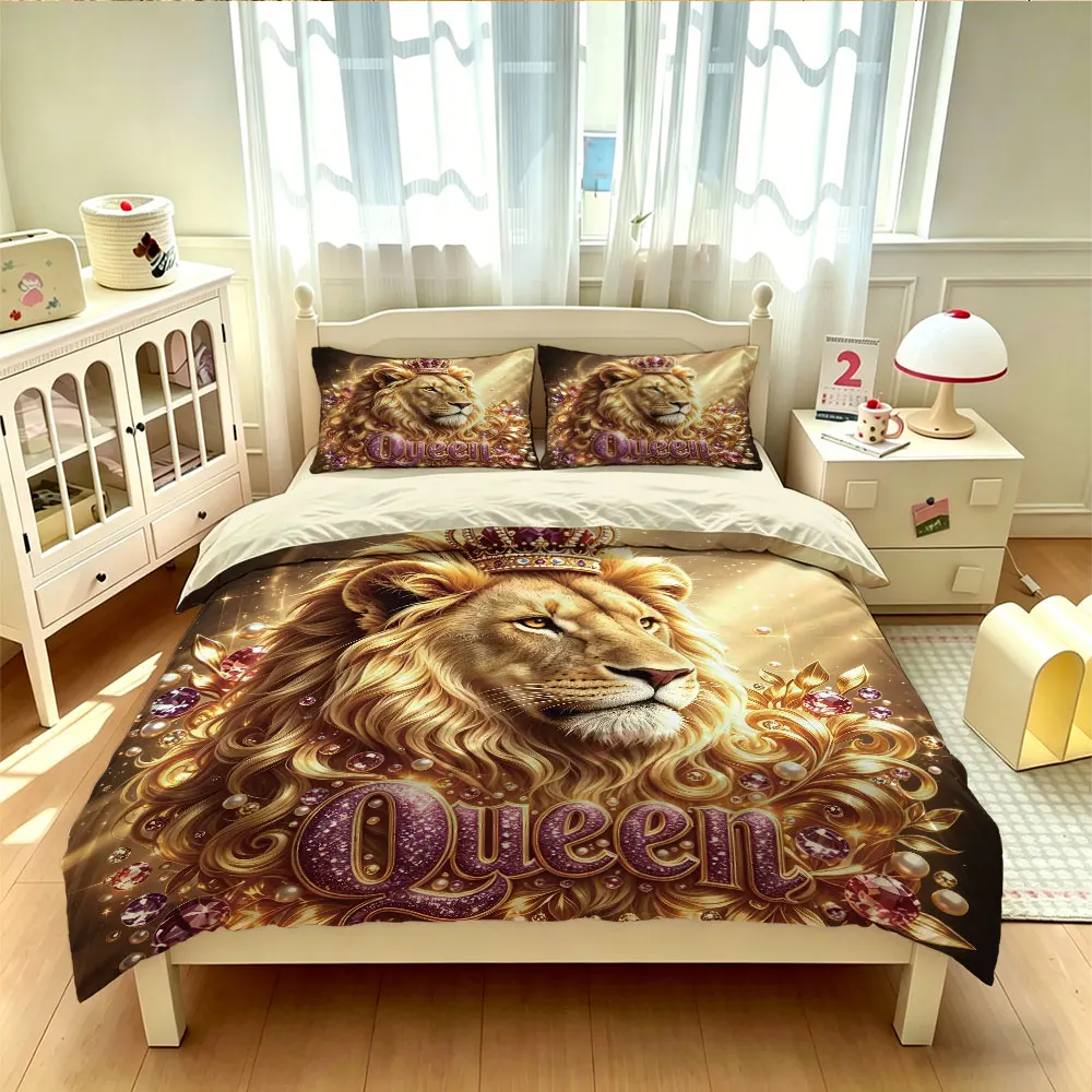 3PCS Crown Lion Bedding Set featuring a soft coreless design that can be machine-washed and decorative use on beds