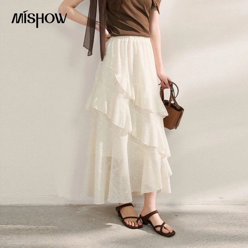 MISHOW New French Lace Jacquard Half Length Skirt for Women Summer Irregular Ruffle High Waist Design Tiered Skirt MXF16B2501